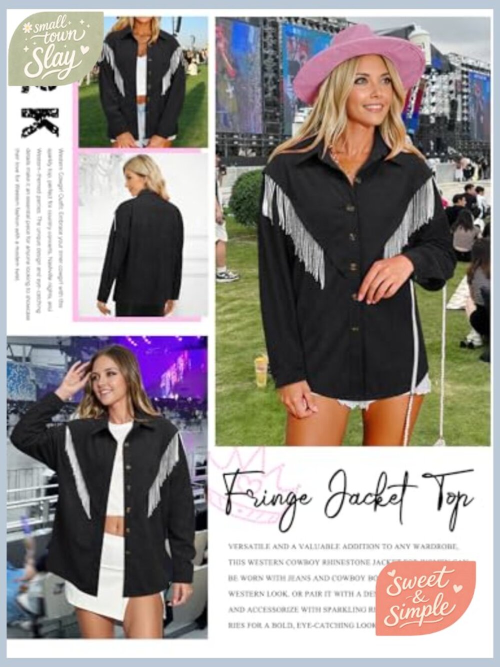 Rhinestone Fringe Corduroy Shacket Jacket Long Sleeve Button Down Concert Outfit - Picture 4 of 7